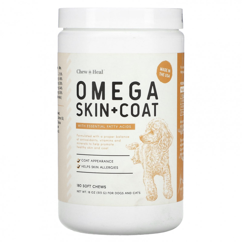 ���� ������ (Iherb) Chew + Heal, Omega Skin + Coat, � ������������ ������� ���������, ��� ����� � �����, 180 ����������� ��������, 513 � (18 �����), ������ �� 4940 ���