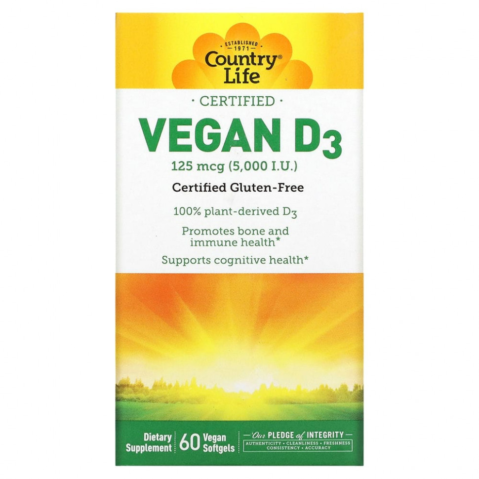 ���� ������ (Iherb) Country Life, Vegan D3, 125 mcg (5,000 IU), 60 Vegan Softgels, ������ �� 3740 ���