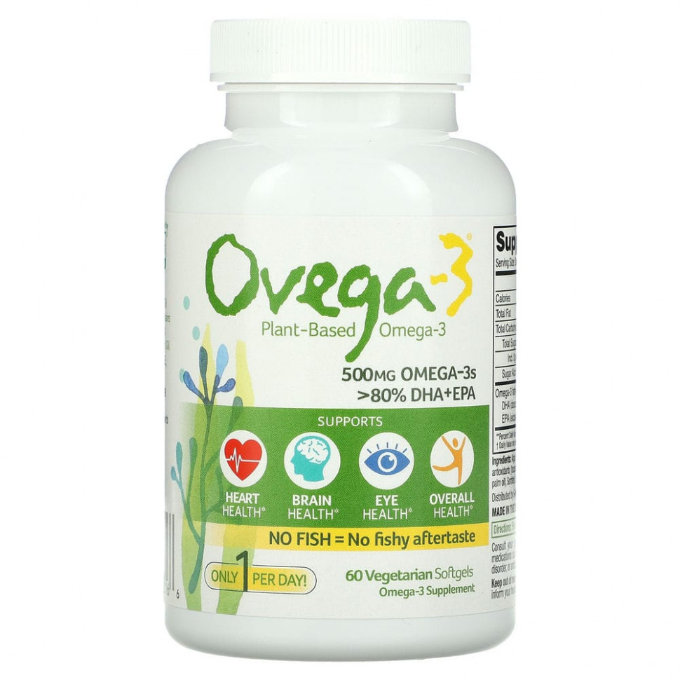 ���� ������ (Iherb) Ovega-3, ��������� �����-3 �������, ��� + ���, 500 ��, 60 �������������� ������ ��������, ������ �� 7040 ���