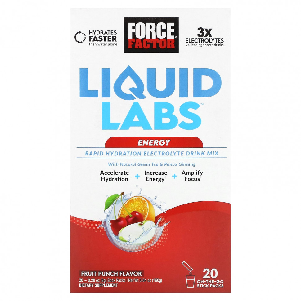 ���� ������ (Iherb) Force Factor, Liquid Labs, Energy, ��������� ����, 20 ��������� �� 8 � (0,28 �����), ������ �� 3300 ���
