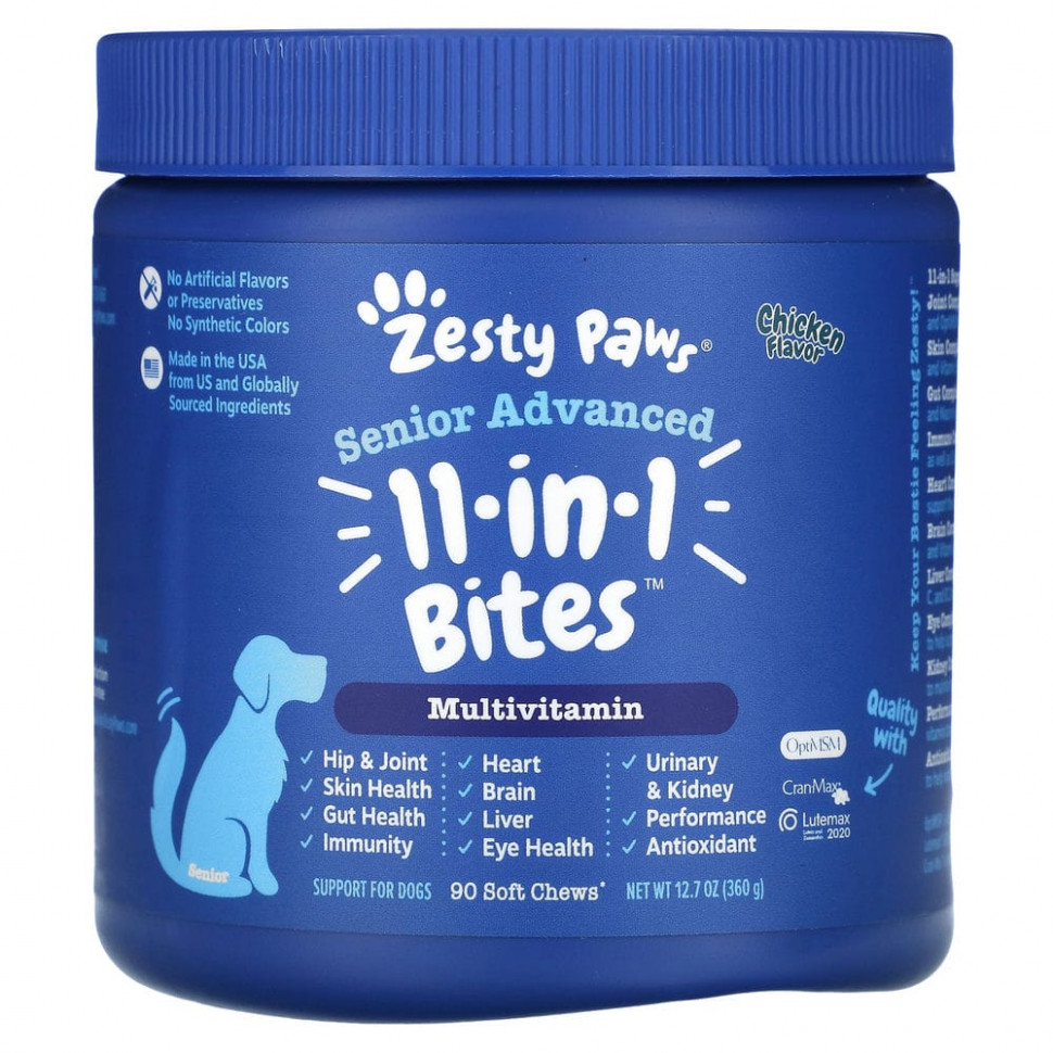 ���� ������ (Iherb) Zesty Paws, Advanced 11 in 1 Multifunctional Bites, ���������� ������� ��� �������� �����, �� ������ ������, 90 ����������� ��������, ������ �� 8210 ���