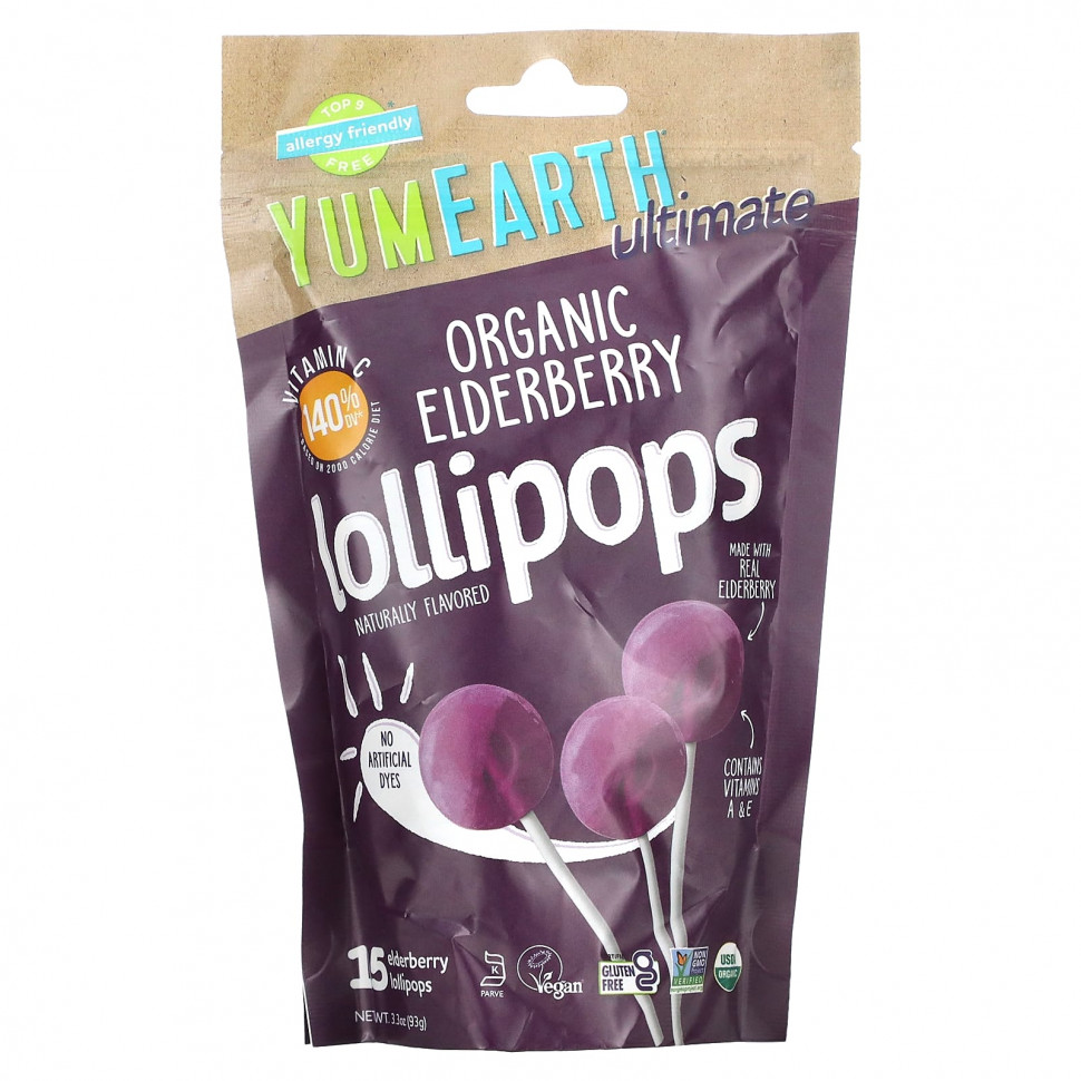 ���� ������ (Iherb) YumEarth, Ultimate, Organic Elderberry Lollipops, 15 Lollipops, 3.3 oz (93 g), ������ �� 1210 ���